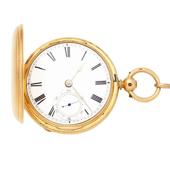 English 18K gold hunting cased key wind pocket watch Circa 1870