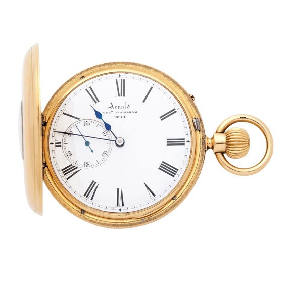 English 18 carat gold half hunting cased keyless watch Circa 1858