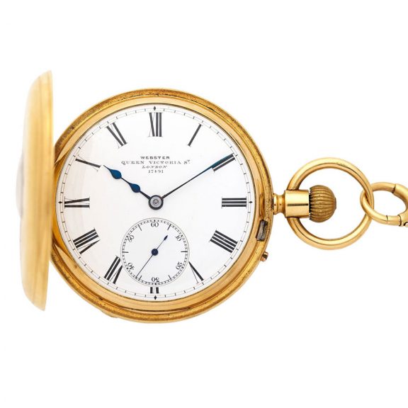 English 18 carat gold half hunting cased keyless watch Circa 1883