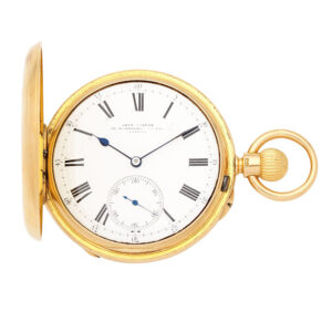 Fine English 18 carat gold hunting cased keyless watch Circa 1887