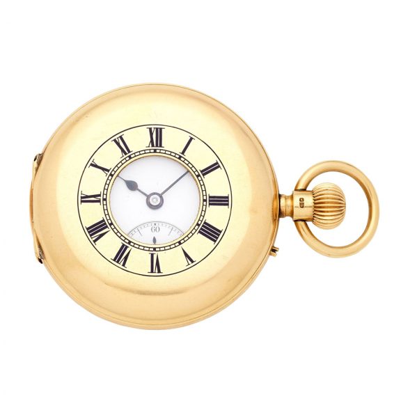 English 18 carat gold half hunting cased keyless watch Circa 1909