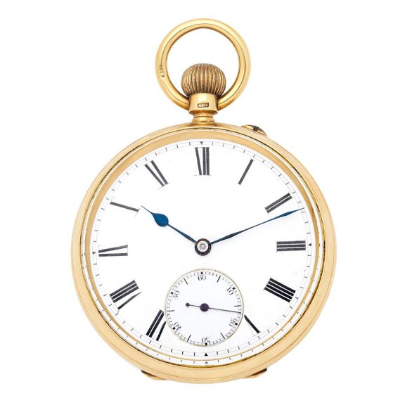 English 18K gold open faced keyless pocket watch Circa 1898 English 18K gold open faced keyless pocket watch Circa 1898
