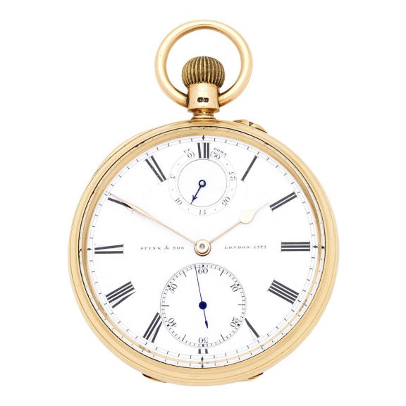 English 18K gold keyless watch with power reserve Circa 1887
