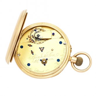 English 18K gold keyless watch with power reserve Circa 1887