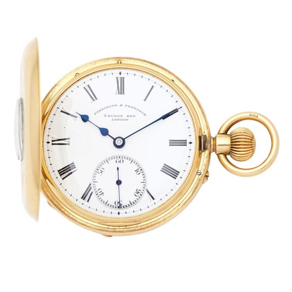 English 18 carat gold half hunting cased keyless watch Circa 1912