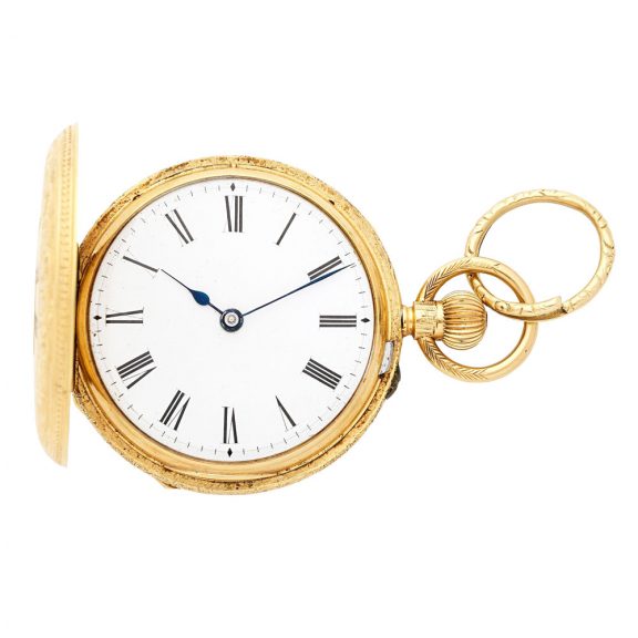 English 18 carat gold half hunting cased keyless watch Circa 1885