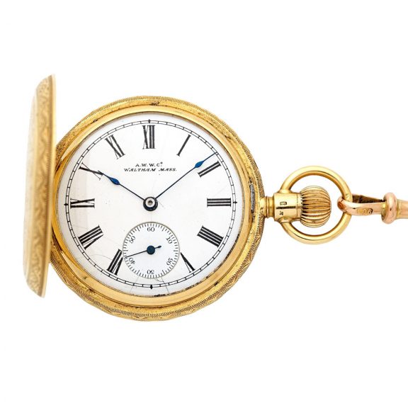 American gold hunting cased keyless watch with chain Circa 1896 American gold hunting cased keyless watch with chain Circa 1896