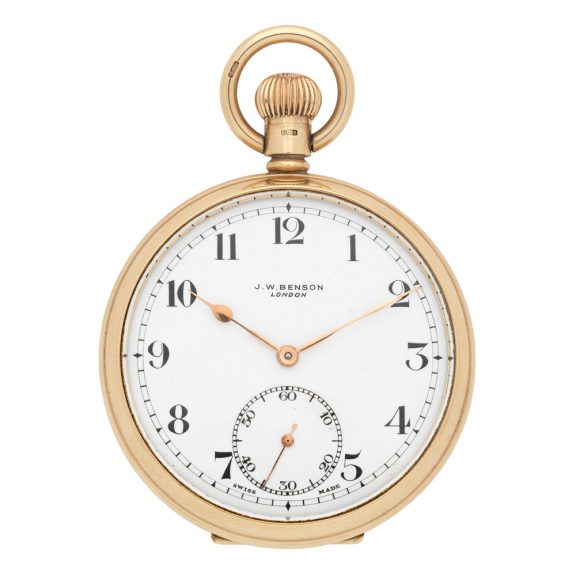 English 9 carat gold open faced keyless pocket watch Circa 1938