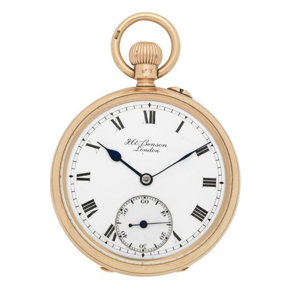 English 9 carat gold open faced keyless pocket watch Circa 1924