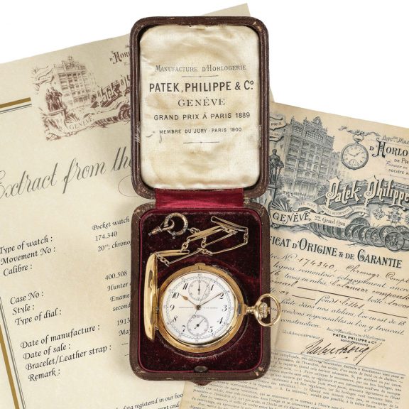 Swiss 18K gold hunting cased lever chronograph Circa 1913 Swiss 18K gold hunting cased lever chronograph Circa 1913