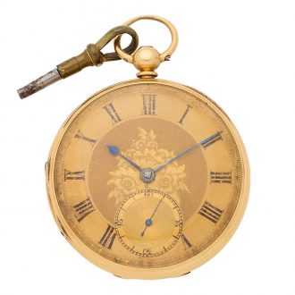 English 18K gold open faced key wind watch Circa 1873
