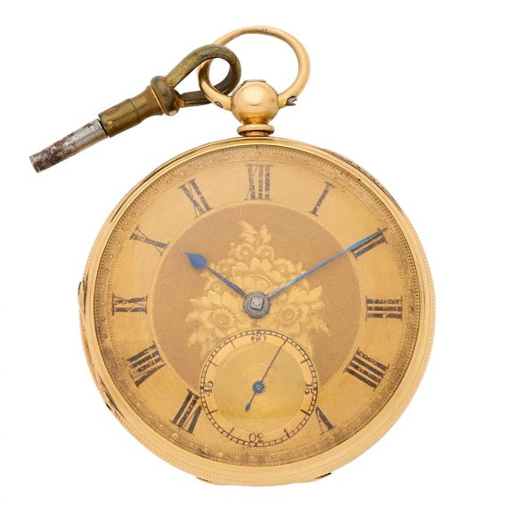 English 18K gold open faced key wind watch Circa 1873 English 18K gold open faced key wind watch Circa 1873