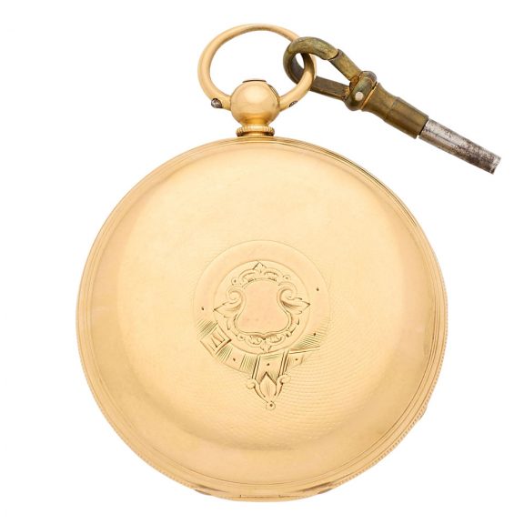 English 18K gold open faced key wind watch Circa 1873