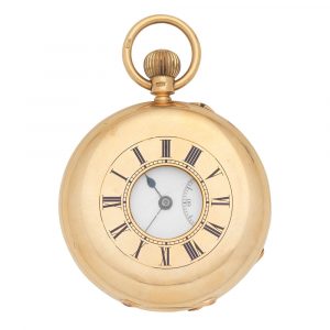 English 18 carat gold half hunting cased keyless watch Circa 1896