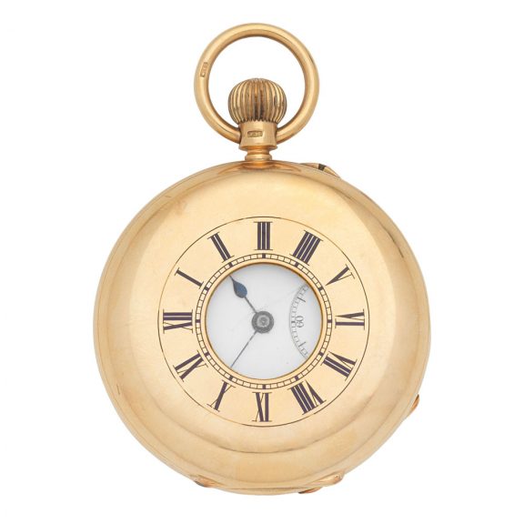 English 18 carat gold half hunting cased keyless watch Circa 1896