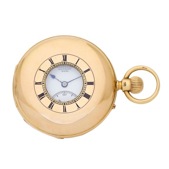 English 18 carat gold half hunting cased keyless watch Circa 1875 English 18 carat gold half hunting cased keyless watch Circa 1875