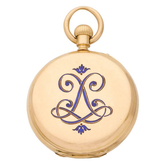 English 18 carat gold half hunting cased keyless watch Circa 1877