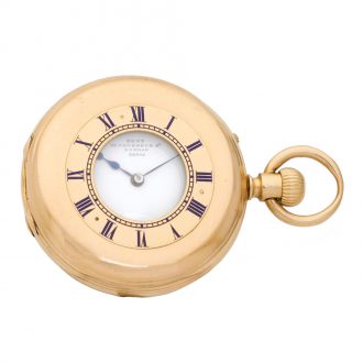English 18 carat gold half hunting cased keyless watch Circa 1877
