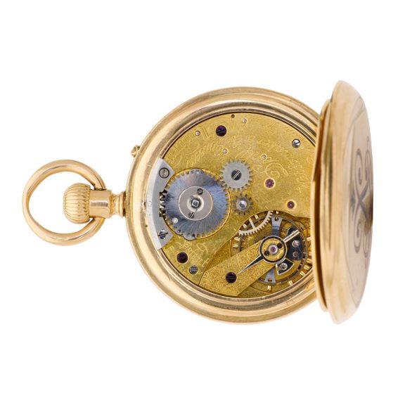 English 18 carat gold half hunting cased keyless watch Circa 1877 English 18 carat gold half hunting cased keyless watch Circa 1877
