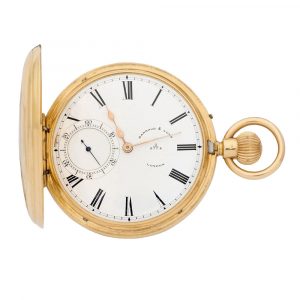 English 18 carat gold half hunting cased keyless watch Circa 1878