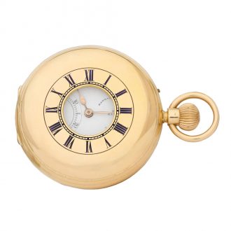 English 18 carat gold half hunting cased keyless watch Circa 1878