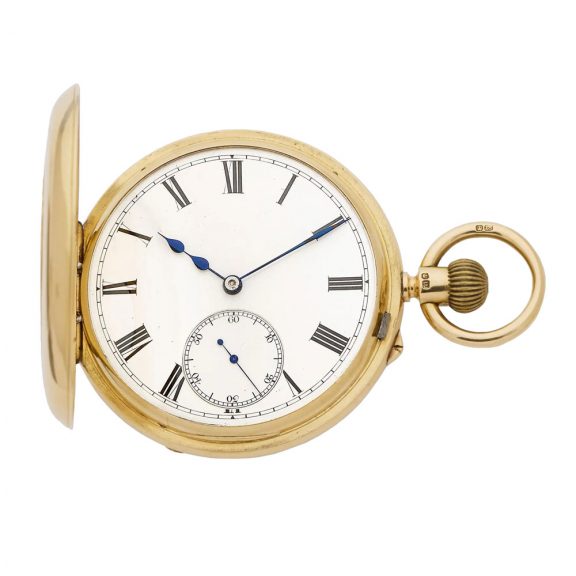 English 18 carat gold half hunting cased keyless watch Circa 1890 English 18 carat gold half hunting cased keyless watch Circa 1890