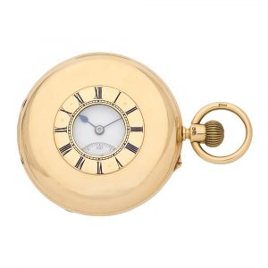 English 18 carat gold half hunting cased keyless watch Circa 1890
