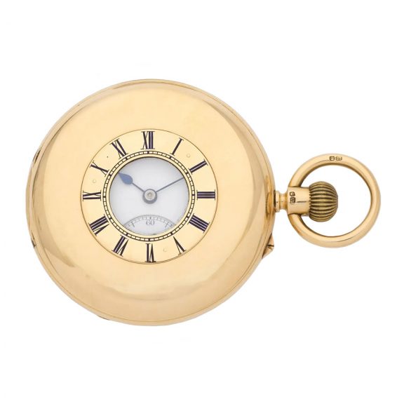 English 18 carat gold half hunting cased keyless watch Circa 1890