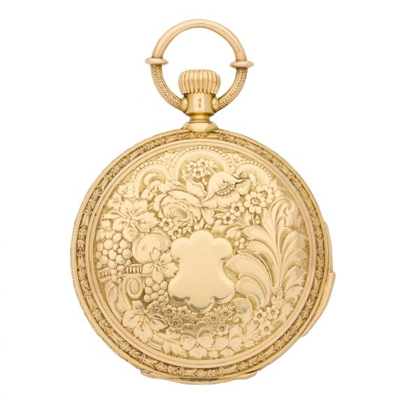 Swiss 18K gold repeating triple calendar with moon phases Circa 1890 Swiss 18K gold repeating triple calendar with moon phases Circa 1890