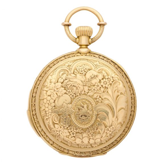 Swiss 18K gold repeating triple calendar with moon phases Circa 1890 Swiss 18K gold repeating triple calendar with moon phases Circa 1890