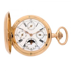 Swiss 18K gold hunting cased complicated watch Circa 1915