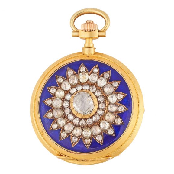 Very fine Swiss 18K gold, enamel and diamond set watch Circa 1870
