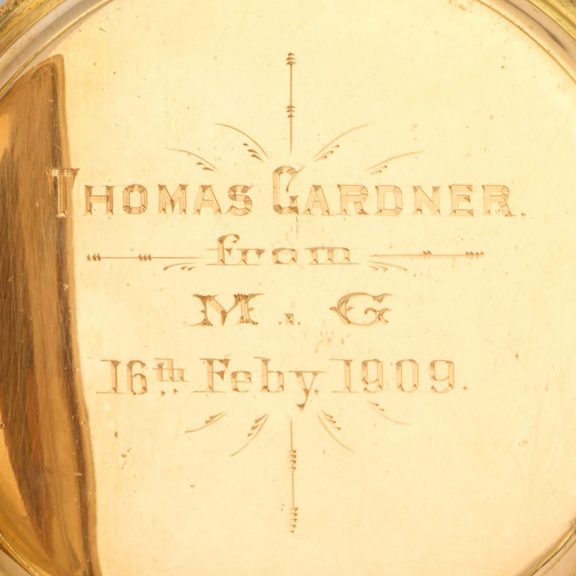 English gold open faced keyless lever pocket watch Circa 1908 English gold open faced keyless lever pocket watch Circa 1908