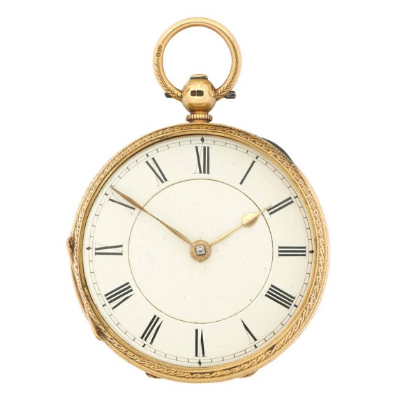 English decorative gold open faced key wind watch Circa 1878 English decorative gold open faced key wind watch Circa 1878