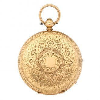 English decorative gold open faced key wind watch Circa 1878