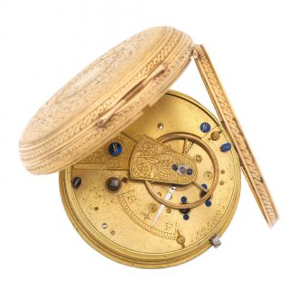 English decorative gold open faced key wind watch Circa 1878