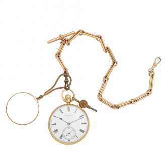 English 18K gold keyless lever watch with chain Circa 1887
