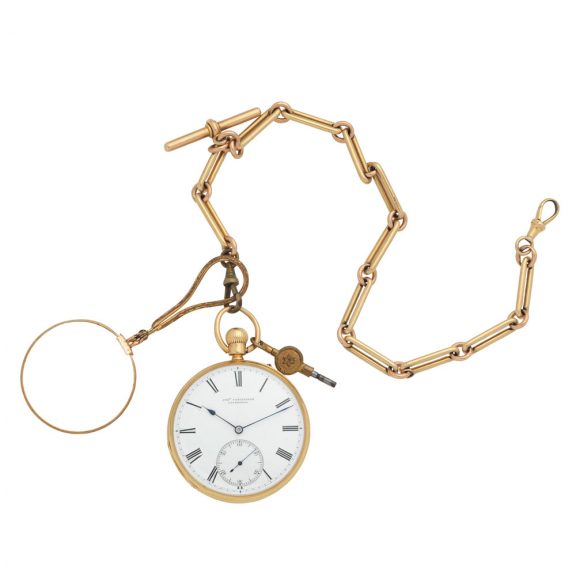 English 18K gold keyless lever watch with chain Circa 1887 English 18K gold keyless lever watch with chain Circa 1887