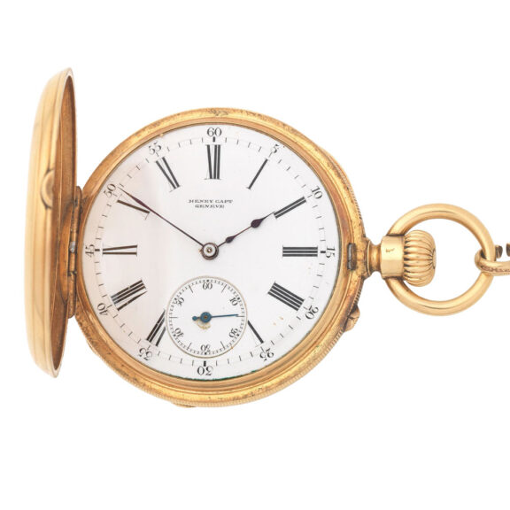 English 18 carat gold half hunting cased keyless lever Circa 1880