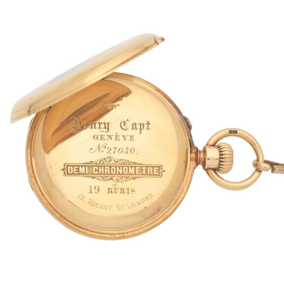 English 18 carat gold half hunting cased keyless lever Circa 1880 English 18 carat gold half hunting cased keyless lever Circa 1880