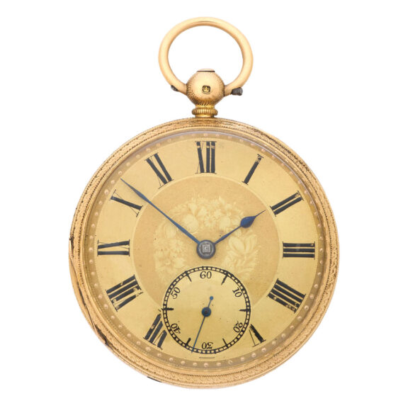 English 18K gold open faced key wind pocket watch Circa 1871