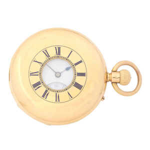 English 18 carat gold half hunting cased keyless watch Circa 1873
