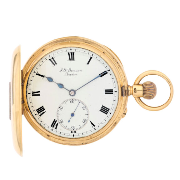 English 18 carat gold half hunting cased keyless lever Circa 1907 English 18 carat gold half hunting cased keyless lever Circa 1907