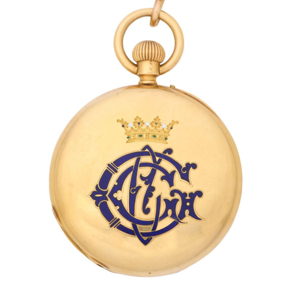 English 18 carat gold and enamel hunting cased watch Circa 1870 English 18 carat gold and enamel hunting cased watch Circa 1870