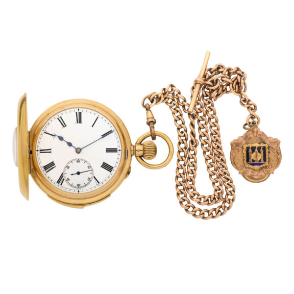 Swiss 18 carat gold half hunting cased watch with chain Circa 1900