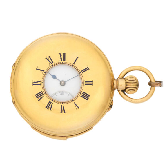 Swiss 18 carat gold half hunting cased watch with chain Circa 1900 Swiss 18 carat gold half hunting cased watch with chain Circa 1900