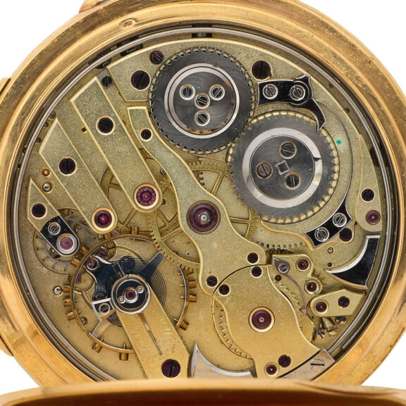 Swiss 18 carat gold half hunting cased watch with chain Circa 1900 Swiss 18 carat gold half hunting cased watch with chain Circa 1900