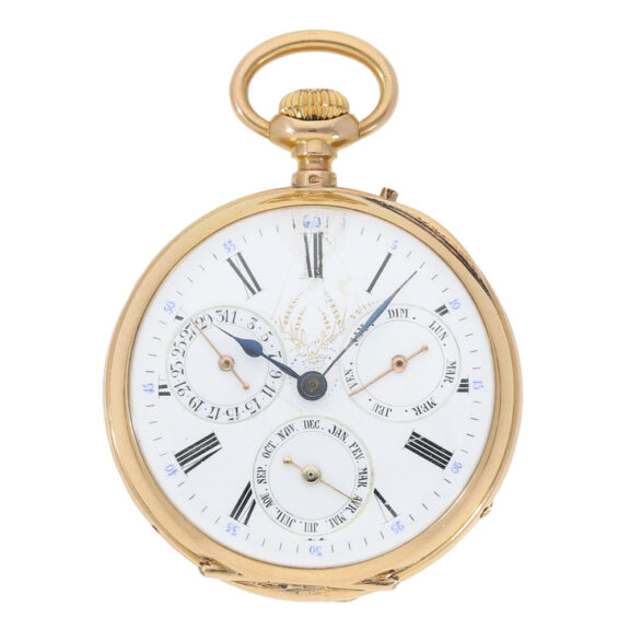 French 18k gold open faced watch with triple date Circa 1880 French 18k gold open faced watch with triple date Circa 1880