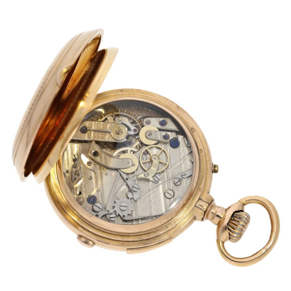 Decorated Swiss gold repeater with chronograph Circa 1890 Decorated Swiss gold repeater with chronograph Circa 1890