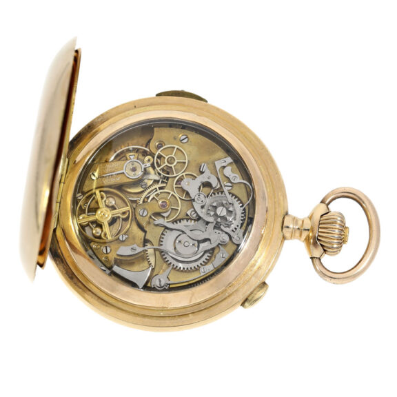 Swiss gold hunting cased repeating chronograph Circa 1900 Swiss gold hunting cased repeating chronograph Circa 1900
